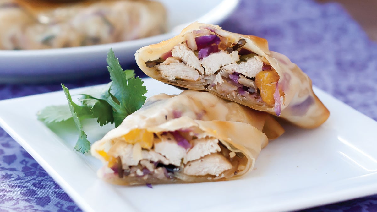 Chicken Egg Rolls with Red Cabbage, Mango & Lime
