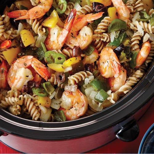RoastedPepperShrimpPasta_Article Slow Cooker Shrimp Pasta Recipe