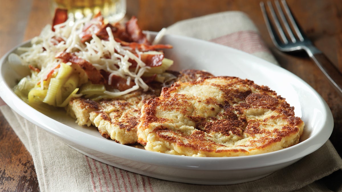Ricotta Pancakes with Cheesy Leeks & Turkey Bacon Recipe