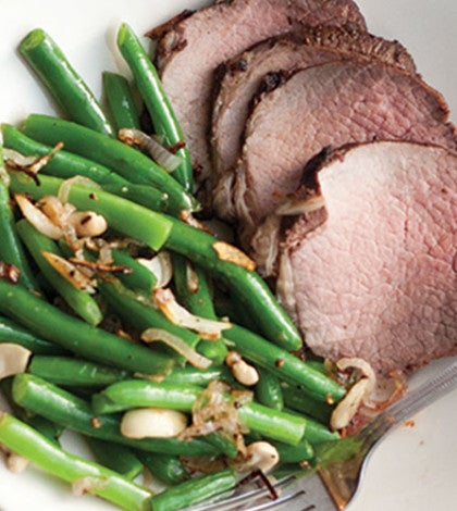 Cocoa Roast Beef & Garlicky Green Beans with Crispy Shallots image None