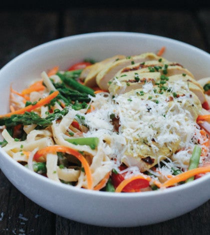 A Veggie-Full Fettuccine Alfredo with Grilled Chicken image None
