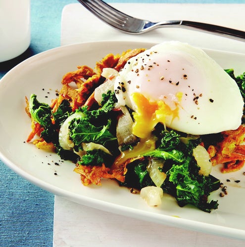 Curried Sweet Potato Waffles with Coconut-Braised Kale & Poached Eggs