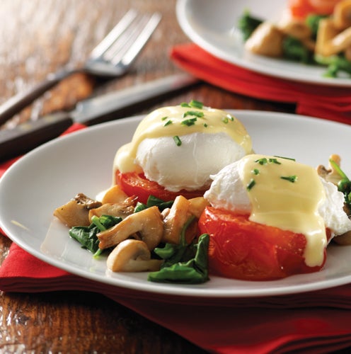 Eggs Florentine with Roasted Tomatoes & Mushroom Spinach Sauté