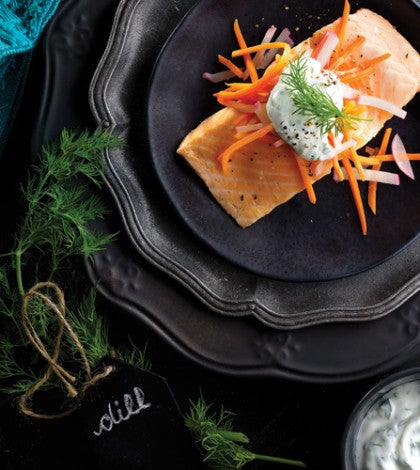 Dill-Poached Salmon with Herbed Yogurt Sauce image None