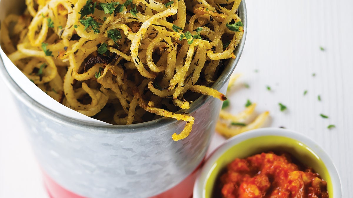 Curly Jicama Fries with Romesco Dipping Sauce Recipe