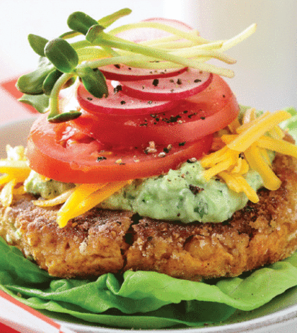 Chickpea & Sweet Potato Burger with Avocado Yogurt Sauce image None