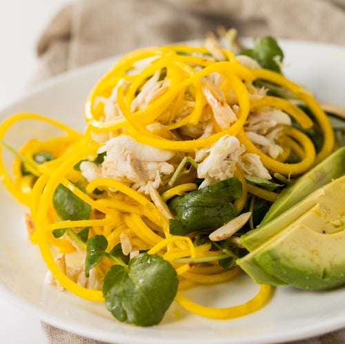 Citrus Golden Beet Salad with Crab, Avocado and Toasted Almonds.