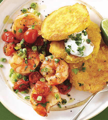 Shrimp in Tomato Wine Sauce with Corn Cakes & Lime Crema image None