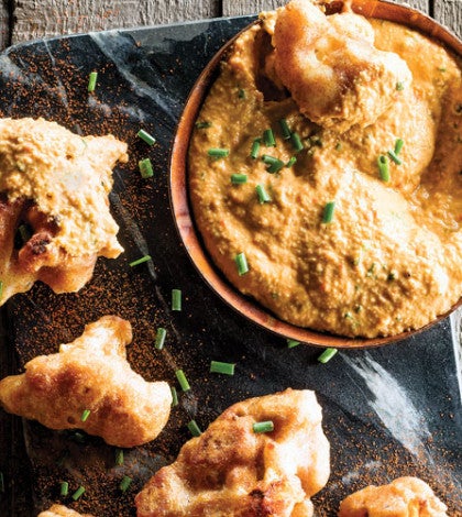 Beer-Battered Cauliflower Bites with Jalapeño Cheddar-Style Dipping Sauce image None