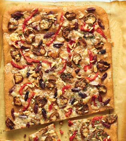 Eggplant & Roasted Red Pepper Flatbread with Olives & Almonds image None