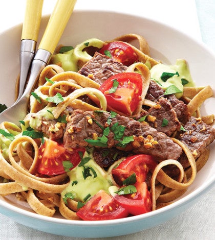 Guacamole Fettuccine with Sautéed Beef Strips image None