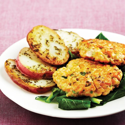 Salmon Oat Cakes with Rosemary Potatoes & Greens