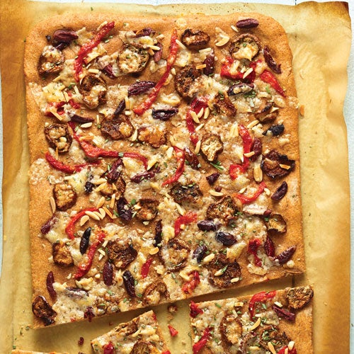 Eggplant & Roasted Red Pepper Flatbread Eggplant & Roasted Red Pepper Flatbread with Olives & Almonds