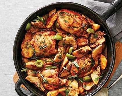 Smoky Braised Chicken & Artichokes with Olives & Basil Purée image None