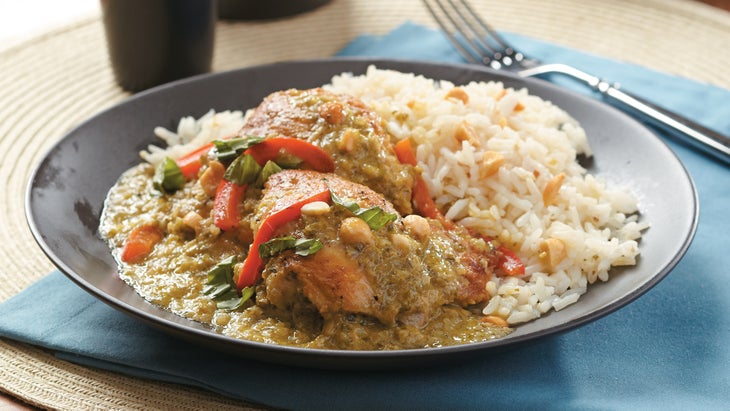 Slow-Cooker Thai Green Curry Chicken WITH GINGER PEANUT RICE Zero cholesterol Asian rice recipe