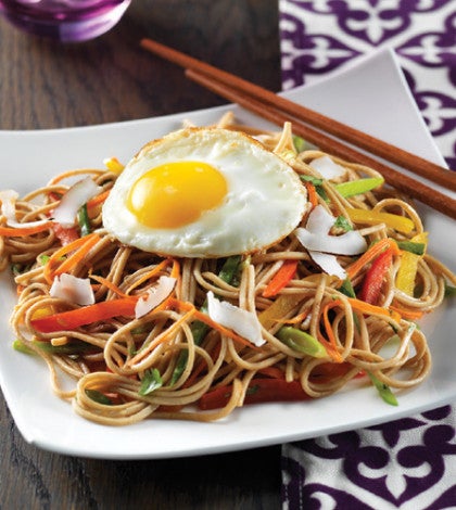 Soba Noodle Salad with Julienned Vegetables & Fried Egg image None