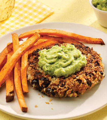 Black Bean & Sweet Potato Burgers with Avocado Mash & Chile Fries image None