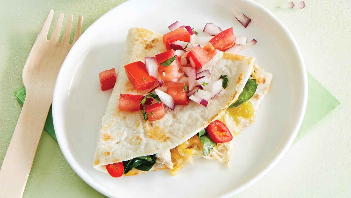 Chicken and Spinach Quesadillas with Avocado Dipping Sauce