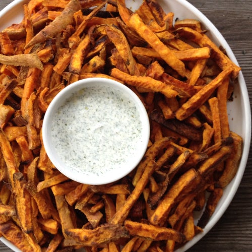 Curried Sweet Potato Fries with Greek Yogurt Dill Sauce Recipe