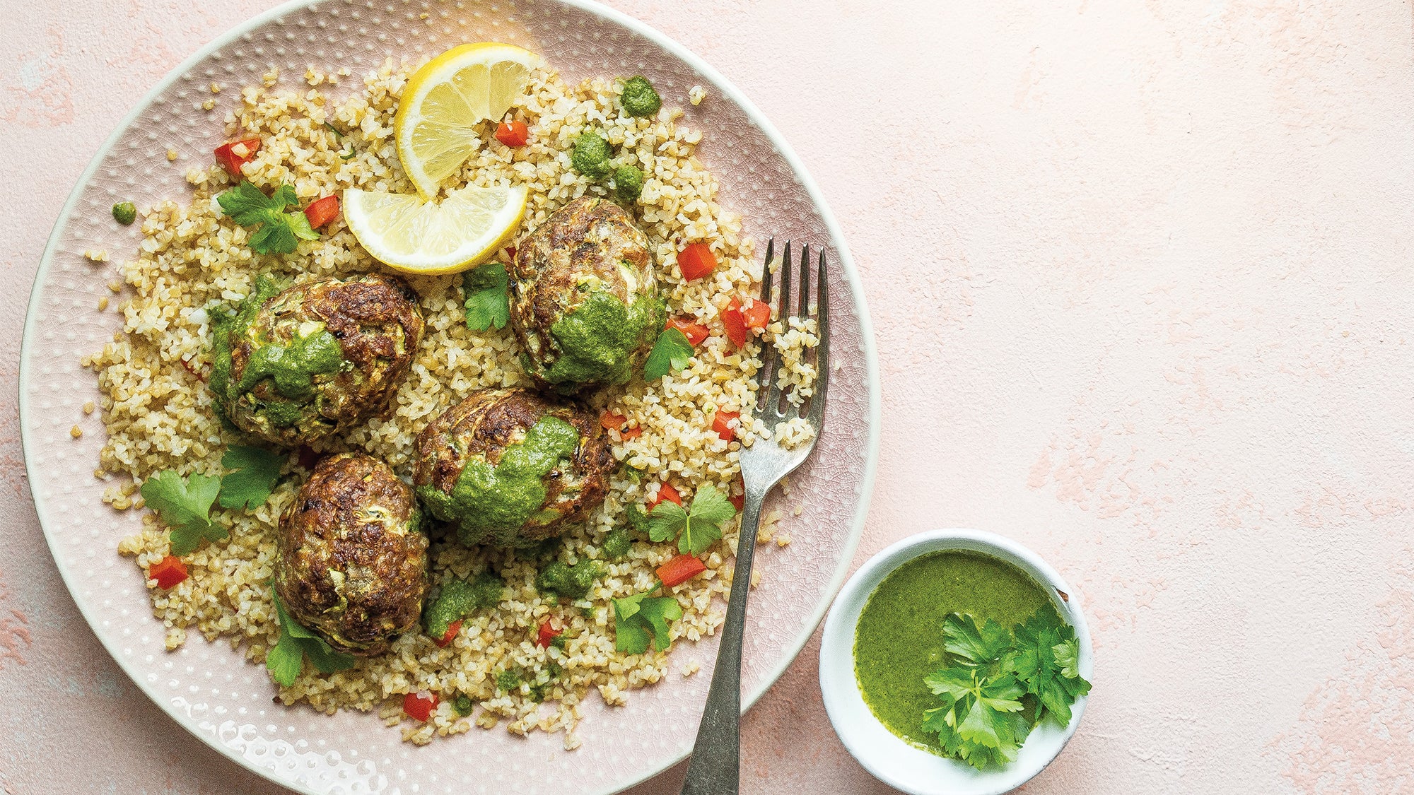 Lemony Turkey Kofta on Bulgur with Herb Drizzle Recipe Clean Dinner