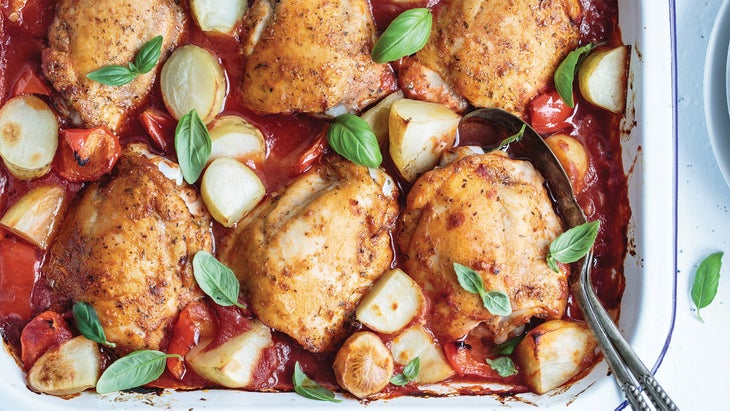 Smoky Tomato–Baked Chicken with Baby Potatoes