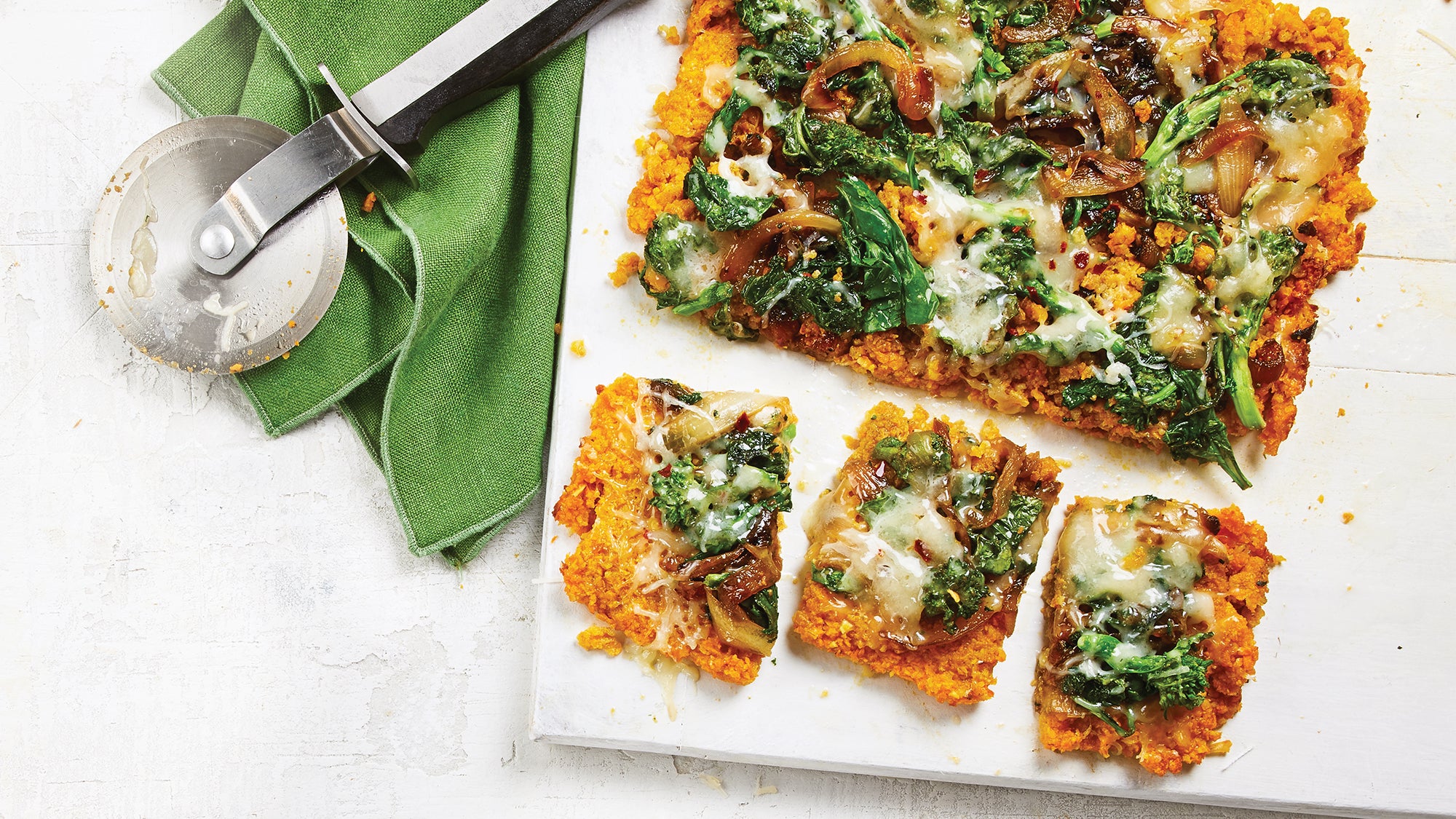 Sweet Potato Flatbread with Rapini & Caramelized Onion recipe