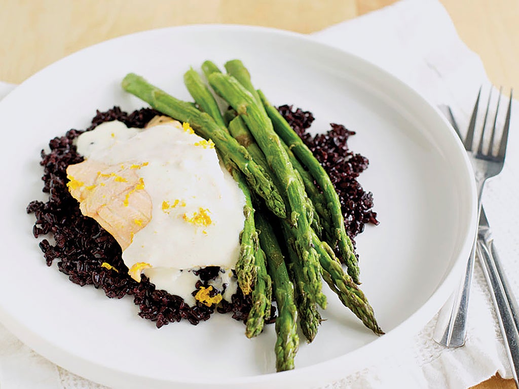Poached Salmon & Orange Cream Sauce ON BLACK RICE