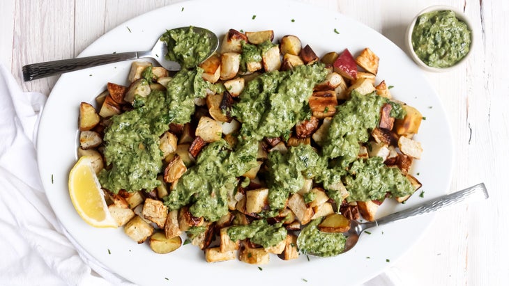 Roasted Root Vegetables with Lemony Herb Pesto recipe