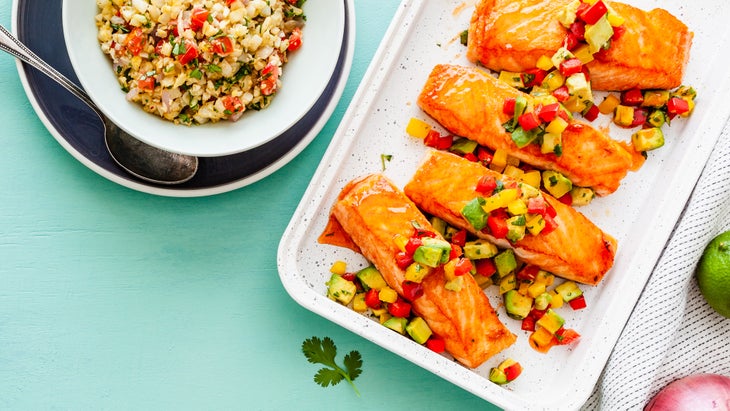 Chile-Glazed Salmon with Avocado Salsa & Mexican Cauli-Rice recipe