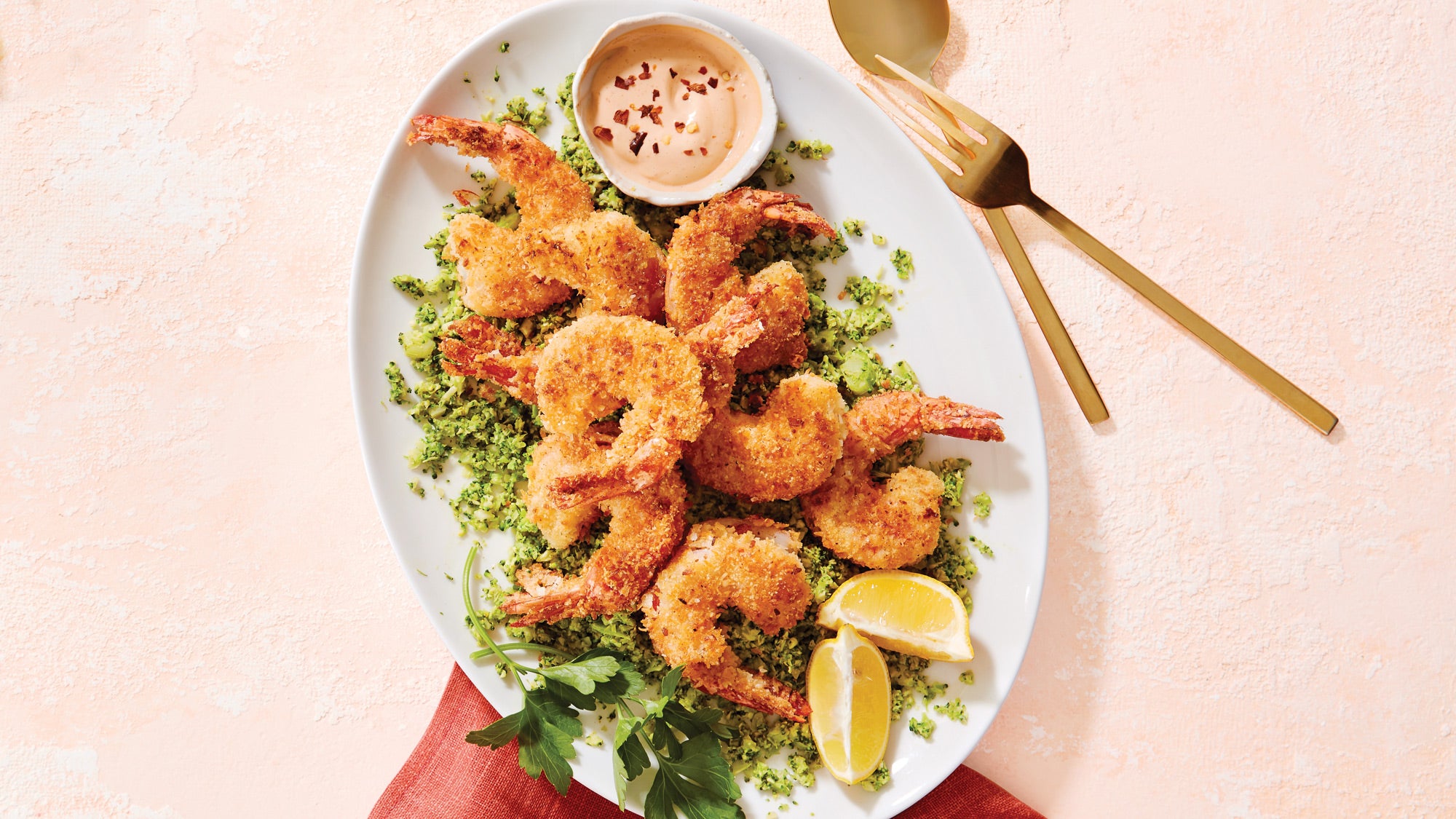 Coconut Shrimp with Sriracha Mayo and Coconut Curry Broccoli Rice recipes