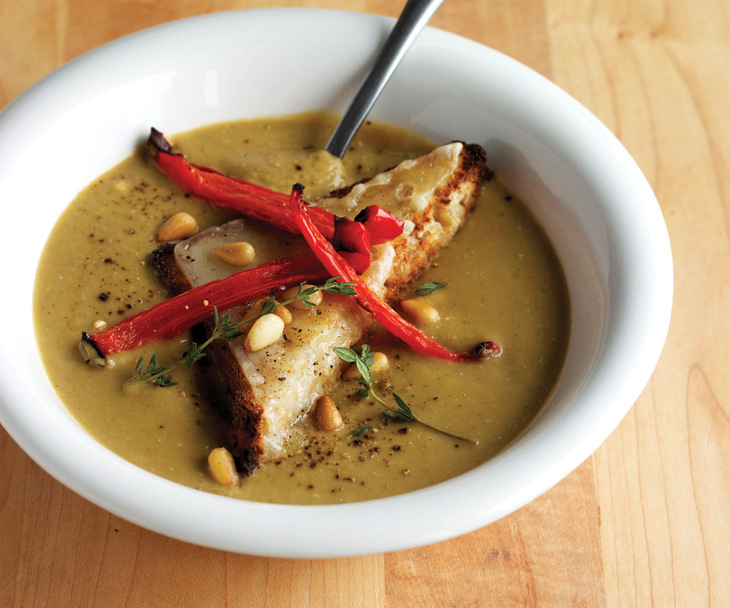 Creamy Leek & White Bean Soup with Swiss-Crusted Croutons