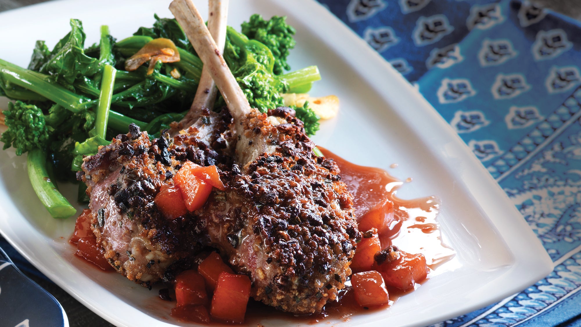 Cacao Crusted Lamb Chops with Pear and Red Wine Reduction Recipe