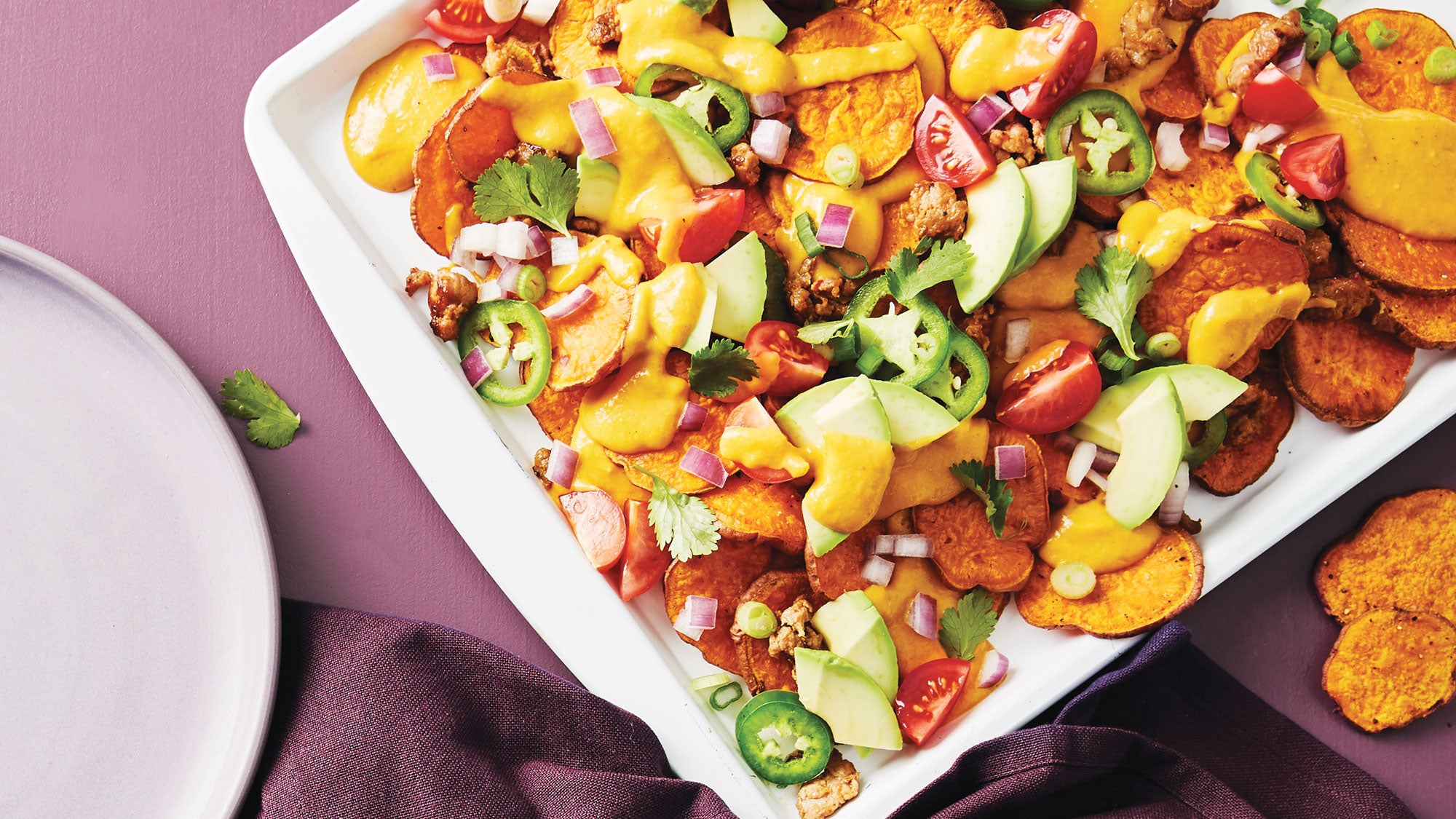 Sweet Potato Nachos with Veggie Packed Queso recipe