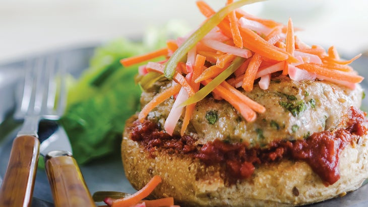 Open-Faced Asian Chicken Burgers With Pickled Vegetables and Ginger Soy Ketchup Open-Faced Asian Chicken Burgers With Pickled Vegetables and Ginger Soy Ketchup