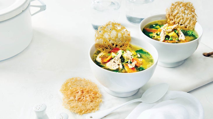 Spring Vegetable Soup with Shredded Chicken & Parmesan Crisps recipe