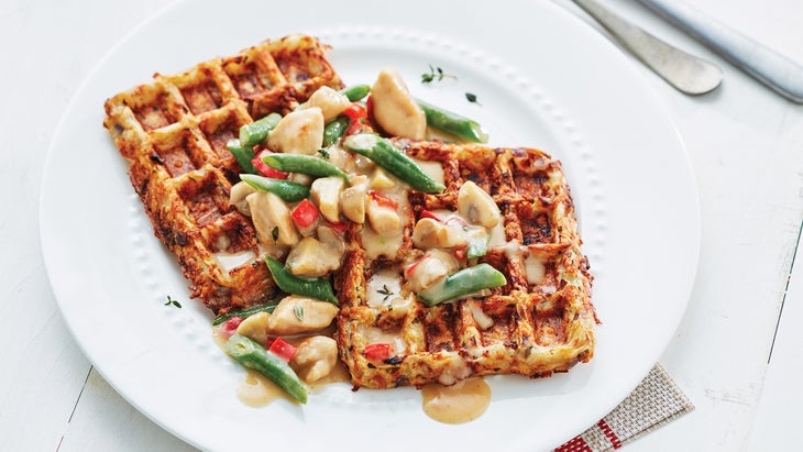Mushroom Chicken Hash and POTATO WAFFLES WITH CHIVES Savory chicken and mushroom waffle recipe