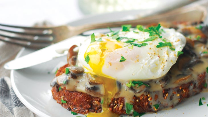 Savory French Toast WITH CREAMY MUSHROOMS & POACHED EGGS French toast and mushroom brunch idea recipe