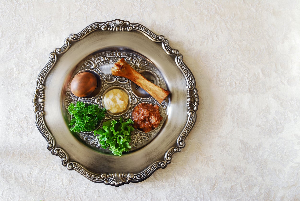 Traditional symbols on a seder plate for the Jewish festival of Passover.