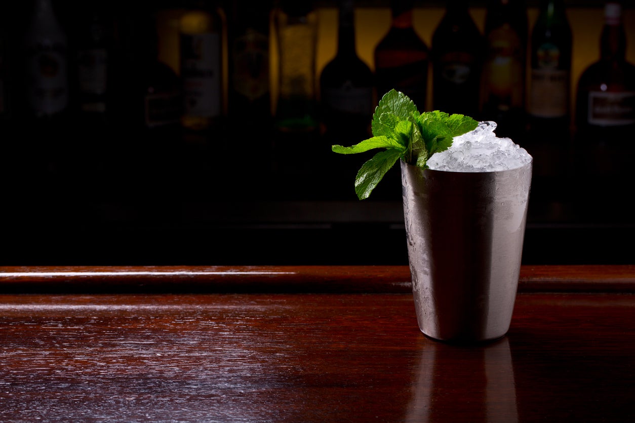 Georgia Mint Julep Cocktail served in metallic traditional cup.