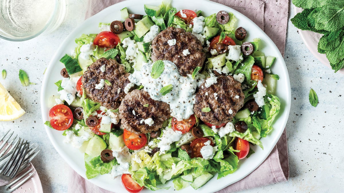 Greek Lamb Burger Salad Recipe Mediterranean Salad Recipe