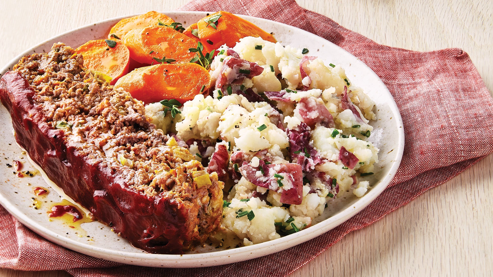 Barbecue Meatloaf with Smashed Potatoes & Carrots recipe