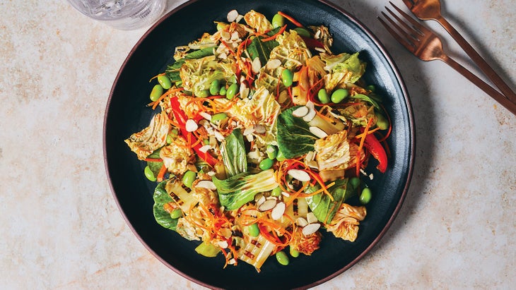 Charred Cabbage & Bok Choy Slaw with Kimchi Dressing recipe