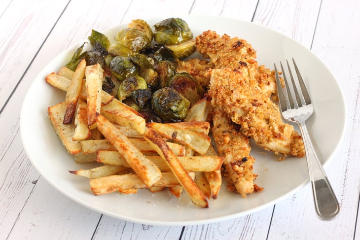 Chicken Fingers with Roasted Brussels Sprouts and Fries 2 None
