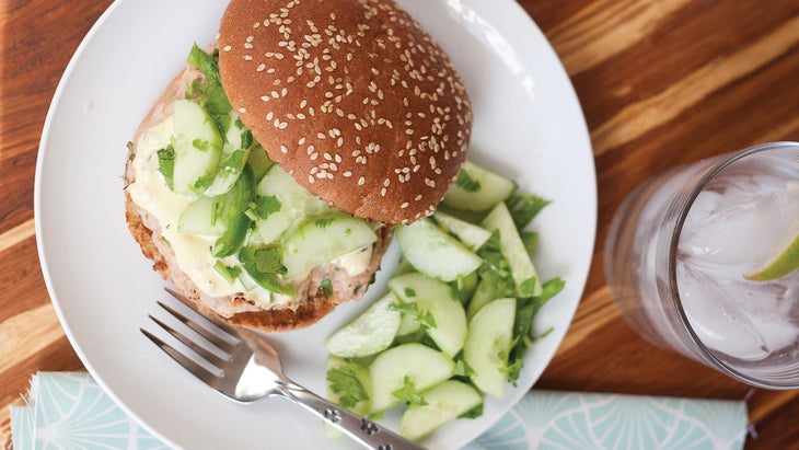 Chipotle Chicken Burgers with Ginger Lime Aioli and Cucumber Salad Chipotle Chicken Burgers with Ginger Lime Aioli and Cucumber Salad Recipe