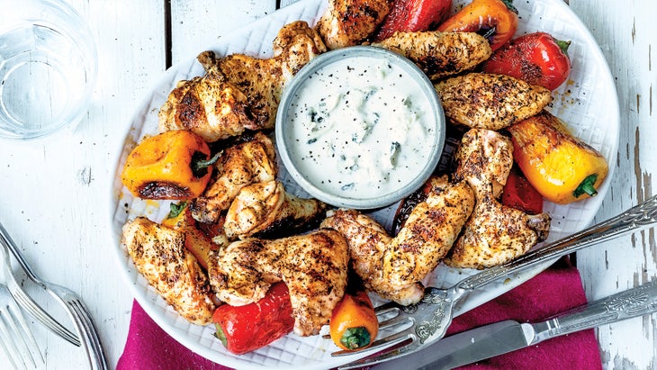 Grilled Chicken Wings with Mixed Bell Peppers & Blue Cheese Dip recipe