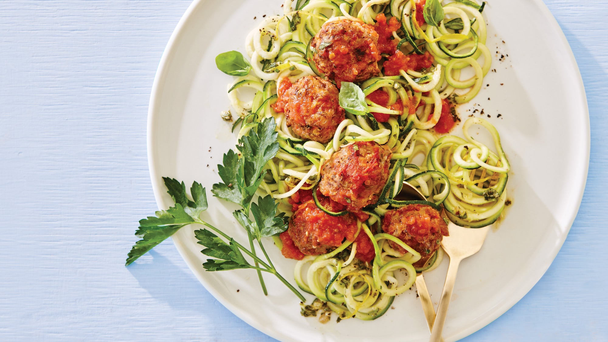 Herbed Chicken Meatball Marinara with Zoodles & Pesto recipe