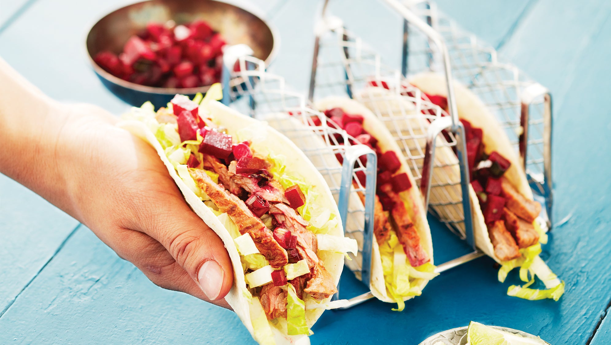 Herbed Skirt Steak Tacos with Beet and Fresno Chile Salsa 62web Herbed Skirt Steak Tacos with Beet and Fresno Chile Salsa recipe
