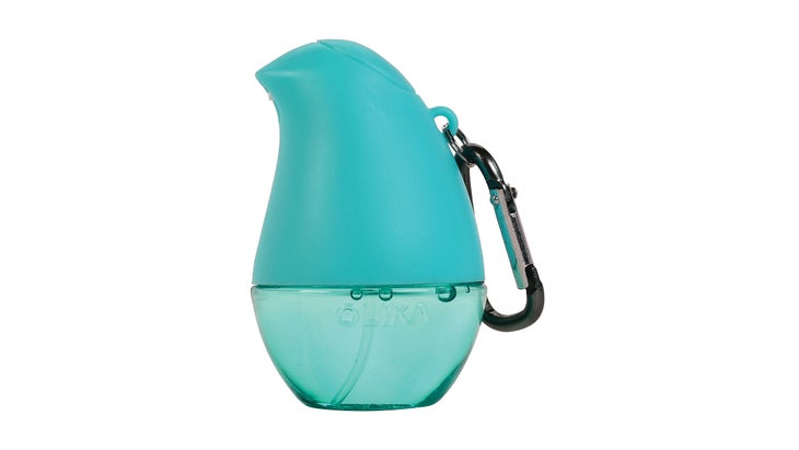 Blue curved spray bottle with carabiner