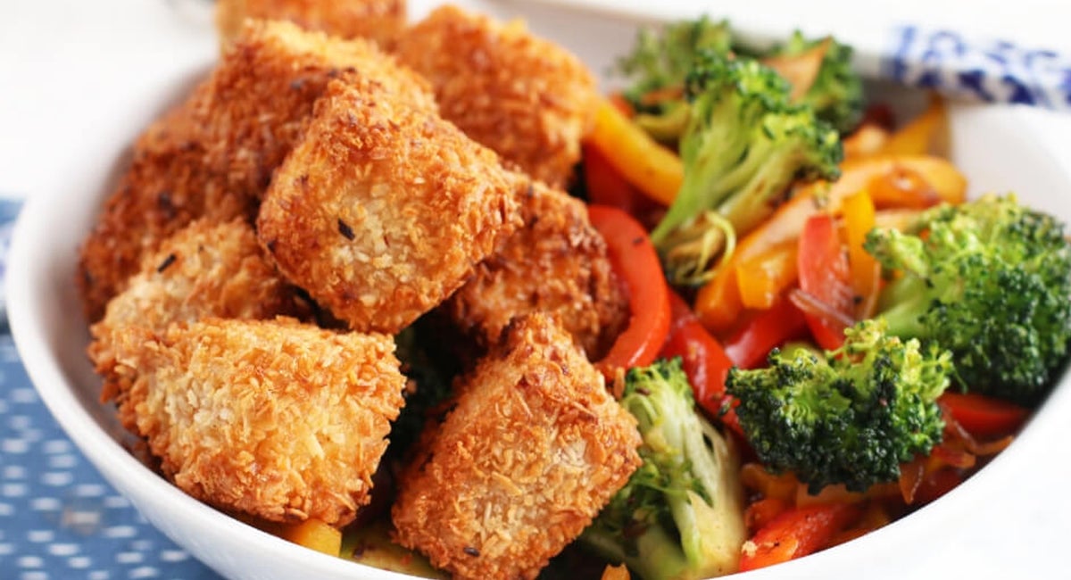 Crispy Coconut Crusted Tofu with Stir Fry Vegetables Clean Eating