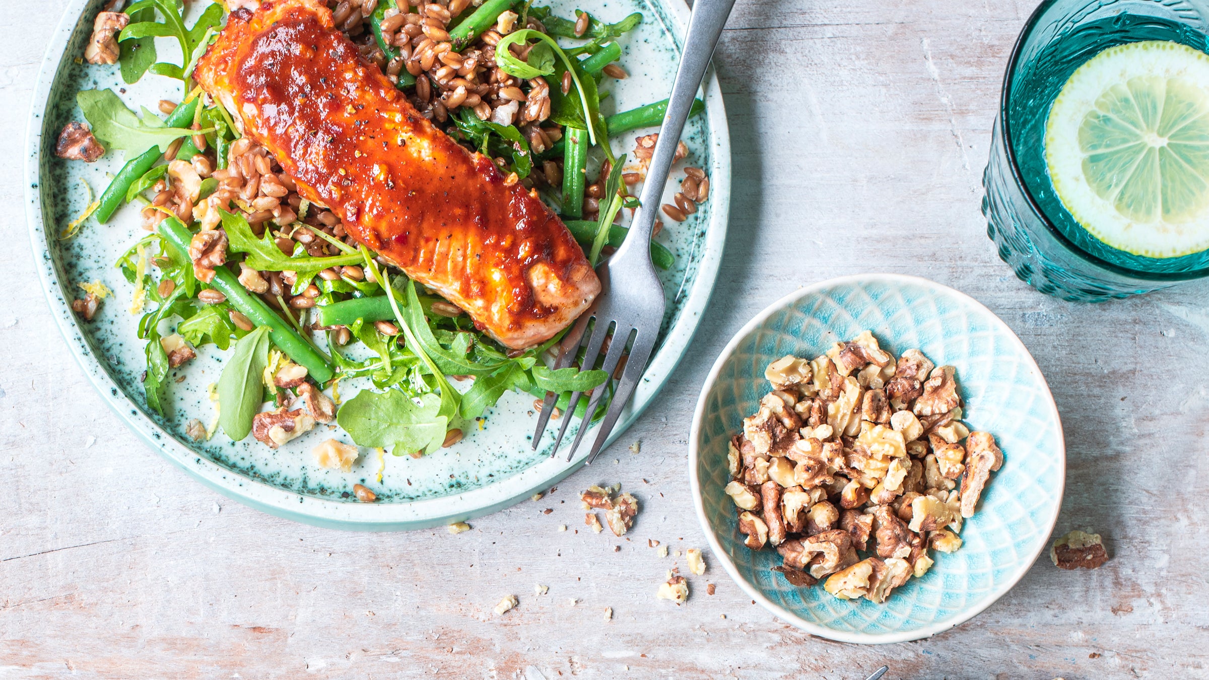 harissa salmon with farro salad